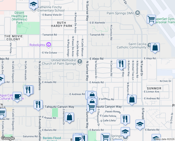 map of restaurants, bars, coffee shops, grocery stores, and more near N Sunrise Way & E Desert Palms Dr in Palm Springs