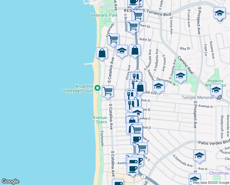 map of restaurants, bars, coffee shops, grocery stores, and more near 208 Knob Hill Avenue in Redondo Beach