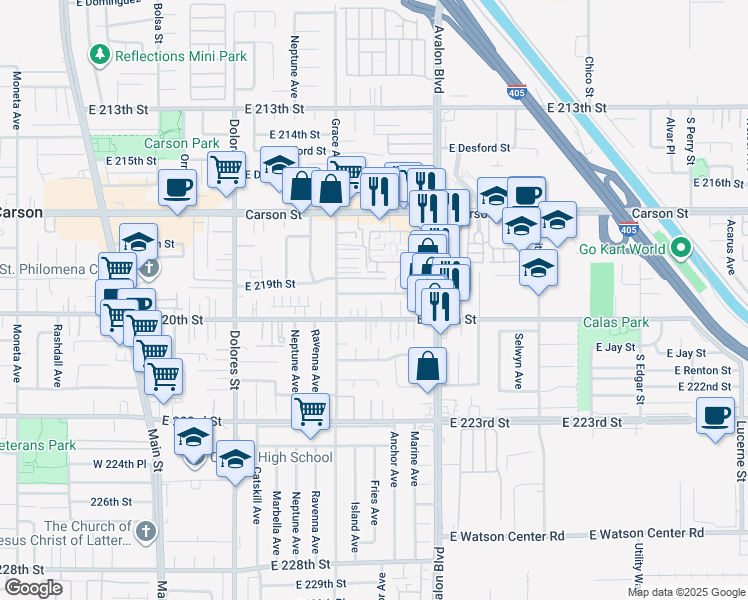 map of restaurants, bars, coffee shops, grocery stores, and more near 546 East 219th Street in Carson