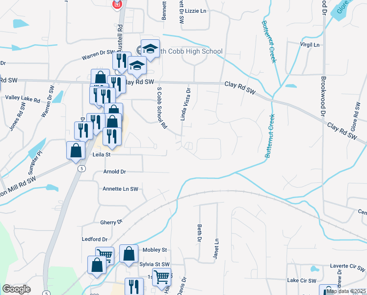 map of restaurants, bars, coffee shops, grocery stores, and more near 1730 Fulmont Circle in Mableton