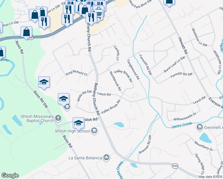 map of restaurants, bars, coffee shops, grocery stores, and more near 4098 Leach Road in Snellville
