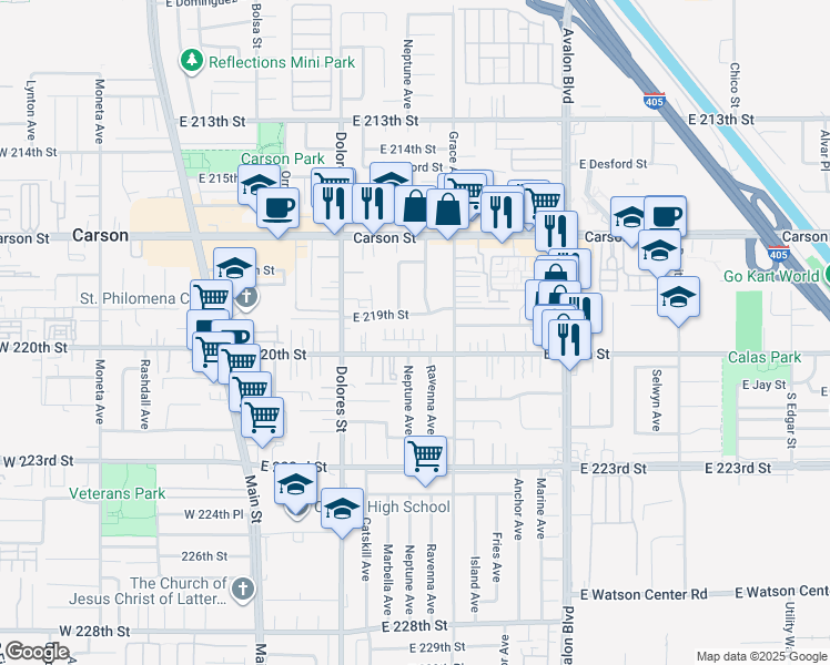 map of restaurants, bars, coffee shops, grocery stores, and more near 429 Willow Run Lane in Carson
