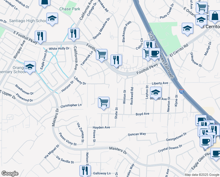 map of restaurants, bars, coffee shops, grocery stores, and more near 3350 State Street in Corona