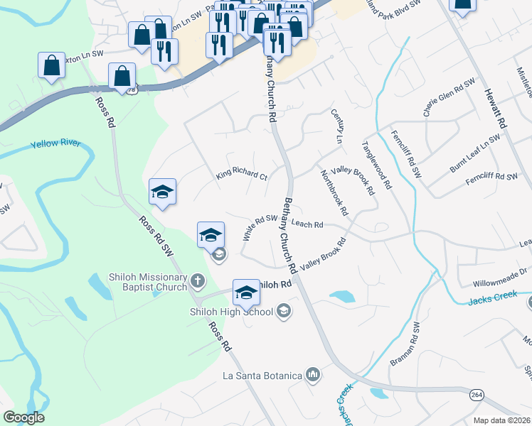 map of restaurants, bars, coffee shops, grocery stores, and more near 4179 White Road Southwest in Snellville