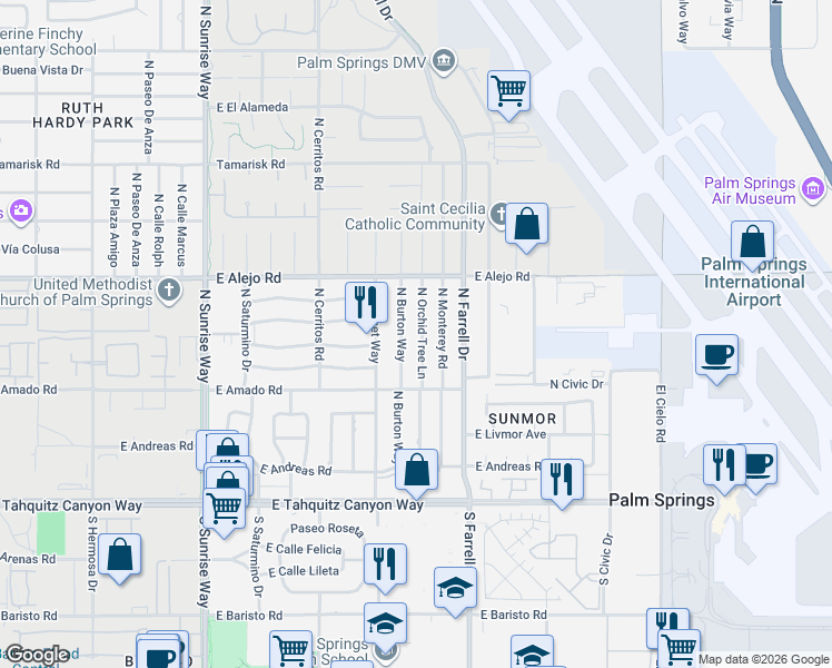 map of restaurants, bars, coffee shops, grocery stores, and more near 407 North Orchid Tree Lane in Palm Springs