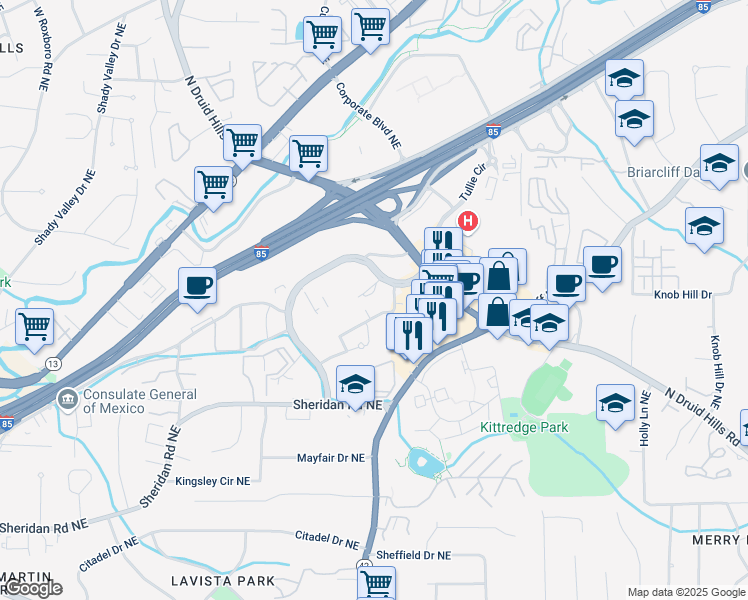 map of restaurants, bars, coffee shops, grocery stores, and more near 21 Ortho Lane in Atlanta