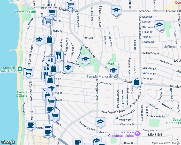 map of restaurants, bars, coffee shops, grocery stores, and more near 815 Knob Hill Avenue in Redondo Beach