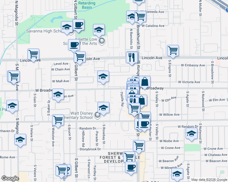 map of restaurants, bars, coffee shops, grocery stores, and more near 9782 West Broadway in Anaheim