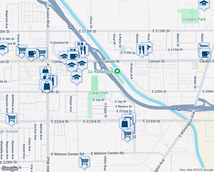 map of restaurants, bars, coffee shops, grocery stores, and more near 21920 South Edgar Street in Carson