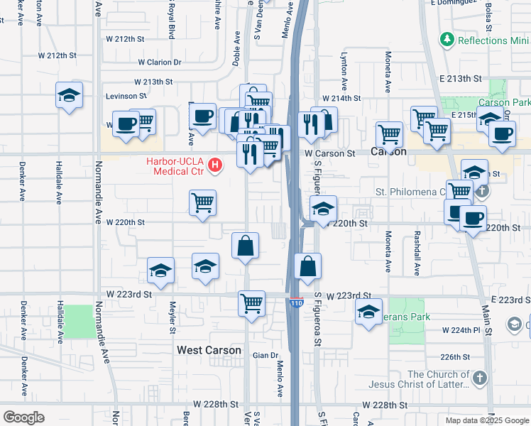 map of restaurants, bars, coffee shops, grocery stores, and more near 21926 South Vermont Avenue in Torrance