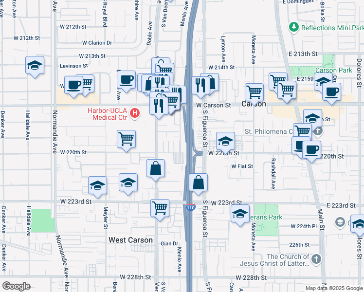 map of restaurants, bars, coffee shops, grocery stores, and more near 715 West 220th Street in Torrance