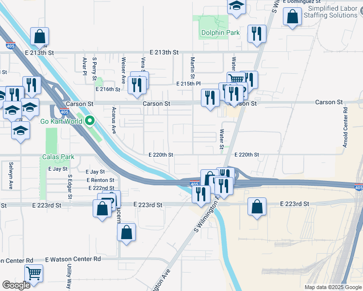 map of restaurants, bars, coffee shops, grocery stores, and more near 1539 East 220th Street in Carson