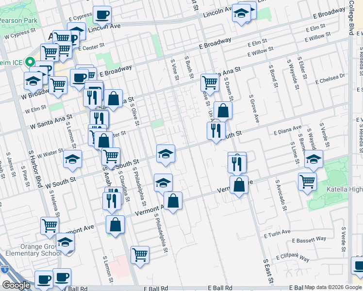 map of restaurants, bars, coffee shops, grocery stores, and more near 802 South Dakota Street in Anaheim