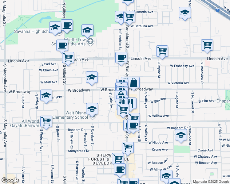 map of restaurants, bars, coffee shops, grocery stores, and more near in Anaheim