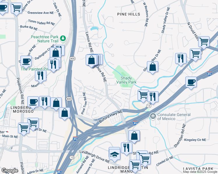 map of restaurants, bars, coffee shops, grocery stores, and more near 911 Lenox Hill Court Northeast in Atlanta
