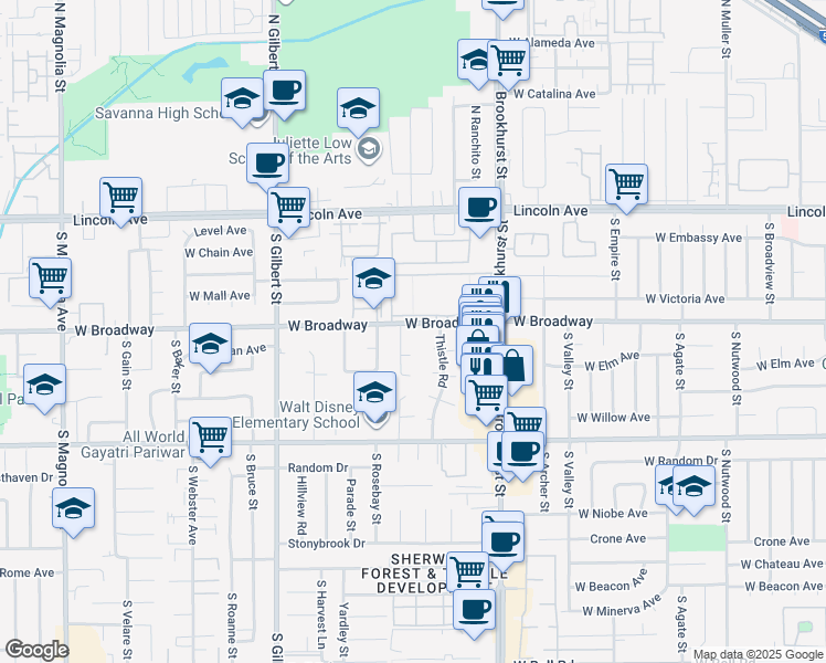 map of restaurants, bars, coffee shops, grocery stores, and more near 9291 Greenwich Lane in Anaheim
