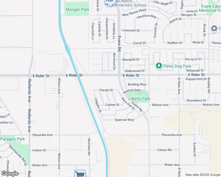 map of restaurants, bars, coffee shops, grocery stores, and more near 940 Parula Street in Perris