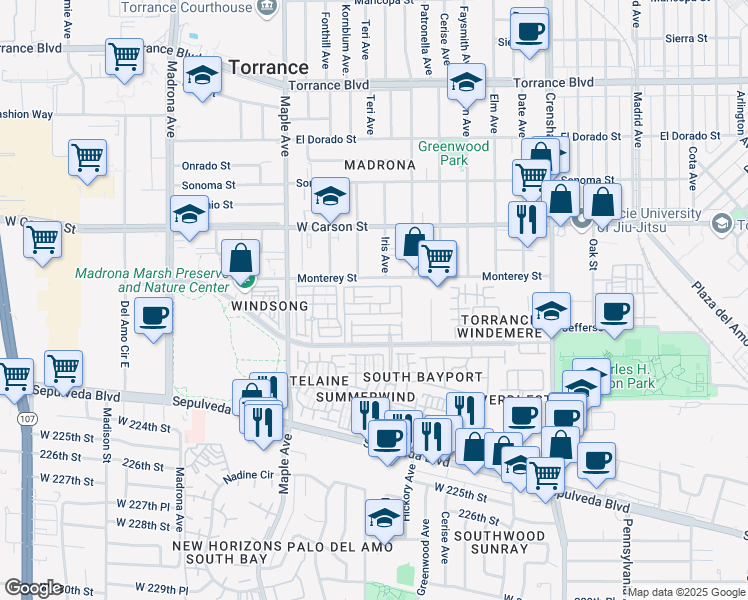 map of restaurants, bars, coffee shops, grocery stores, and more near 2889 Plaza del Amo in Torrance
