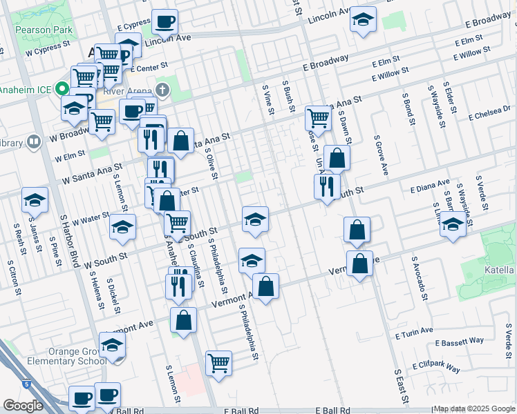 map of restaurants, bars, coffee shops, grocery stores, and more near 772 South Melrose Street in Anaheim