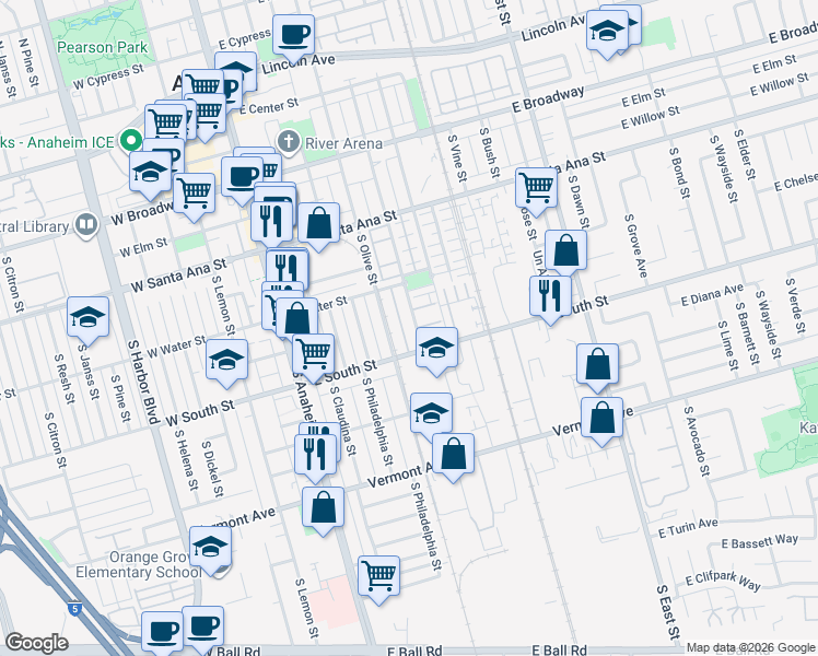 map of restaurants, bars, coffee shops, grocery stores, and more near 772 South Melrose Street in Anaheim