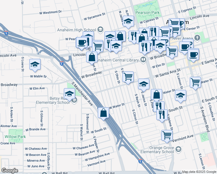 map of restaurants, bars, coffee shops, grocery stores, and more near 511 South Indiana Street in Anaheim
