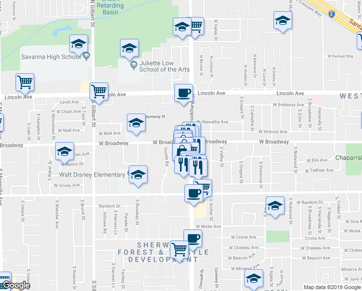 map of restaurants, bars, coffee shops, grocery stores, and more near 331 South Brookhurst Street in Anaheim