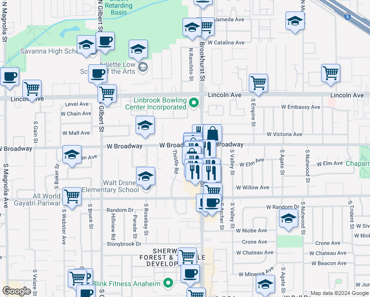map of restaurants, bars, coffee shops, grocery stores, and more near 331 South Brookhurst Street in Anaheim