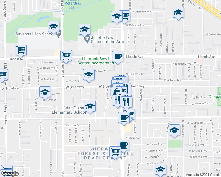 map of restaurants, bars, coffee shops, grocery stores, and more near 331 South Brookhurst Street in Anaheim