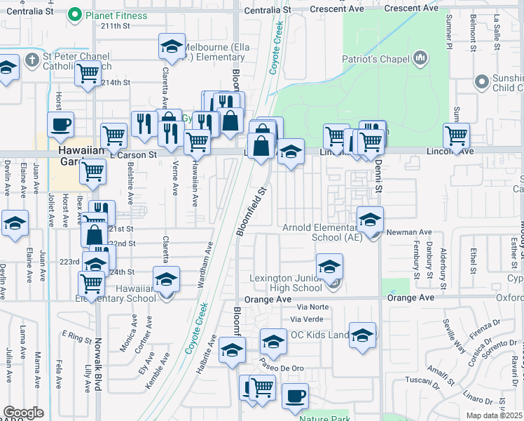 map of restaurants, bars, coffee shops, grocery stores, and more near 9432 Bloomfield Street in Cypress