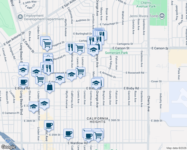 map of restaurants, bars, coffee shops, grocery stores, and more near 3835 Marron Avenue in Long Beach