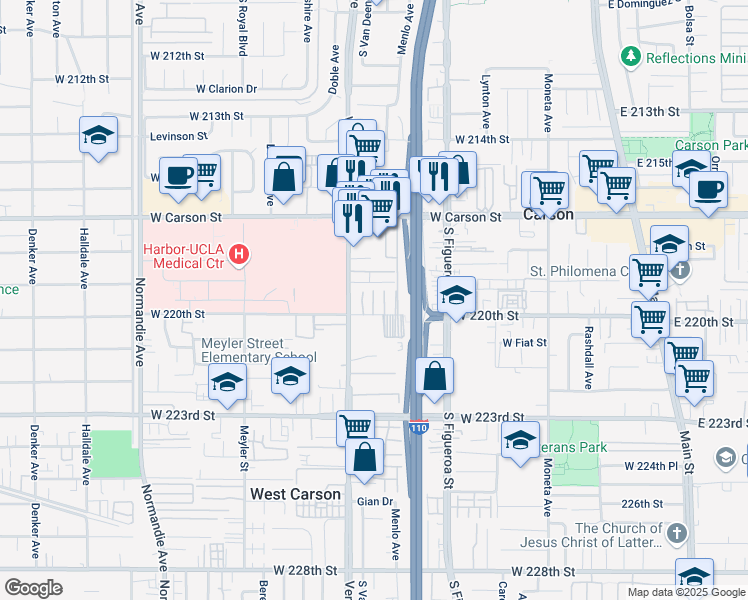 map of restaurants, bars, coffee shops, grocery stores, and more near 732 West 220th Street in Torrance