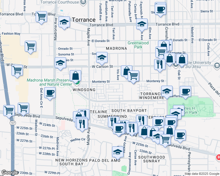 map of restaurants, bars, coffee shops, grocery stores, and more near 2825 Plaza del Amo in Torrance