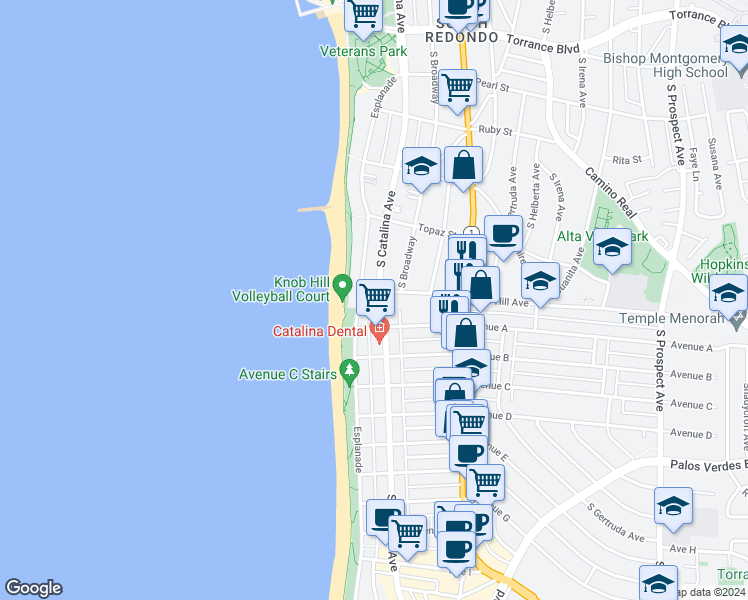map of restaurants, bars, coffee shops, grocery stores, and more near 813 South Catalina Avenue in Redondo Beach