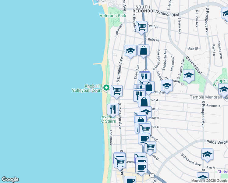 map of restaurants, bars, coffee shops, grocery stores, and more near 813 South Catalina Avenue in Redondo Beach