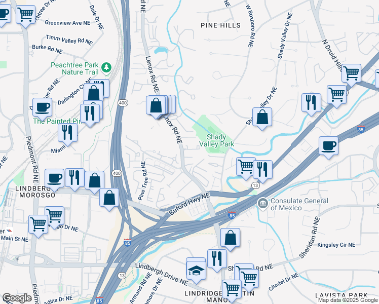 map of restaurants, bars, coffee shops, grocery stores, and more near 911 Lenox Hill Court Northeast in Atlanta