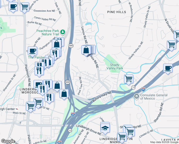 map of restaurants, bars, coffee shops, grocery stores, and more near 942 Canterbury Road Northeast in Atlanta
