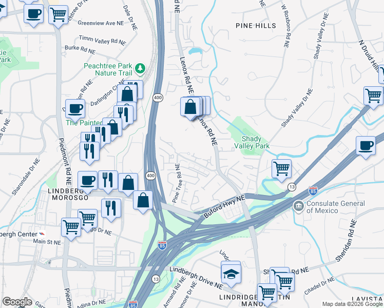 map of restaurants, bars, coffee shops, grocery stores, and more near 2617 Canterbury Trail in Atlanta