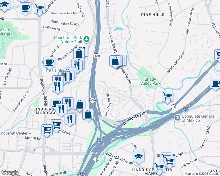 map of restaurants, bars, coffee shops, grocery stores, and more near 2700 Pine Tree Road Northeast in Atlanta