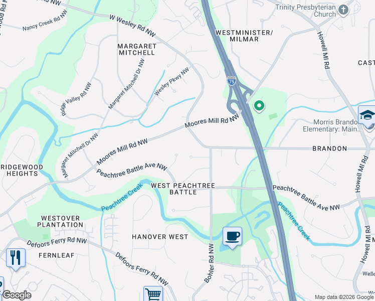 map of restaurants, bars, coffee shops, grocery stores, and more near 2639 Peachtree Battle Place Northwest in Atlanta