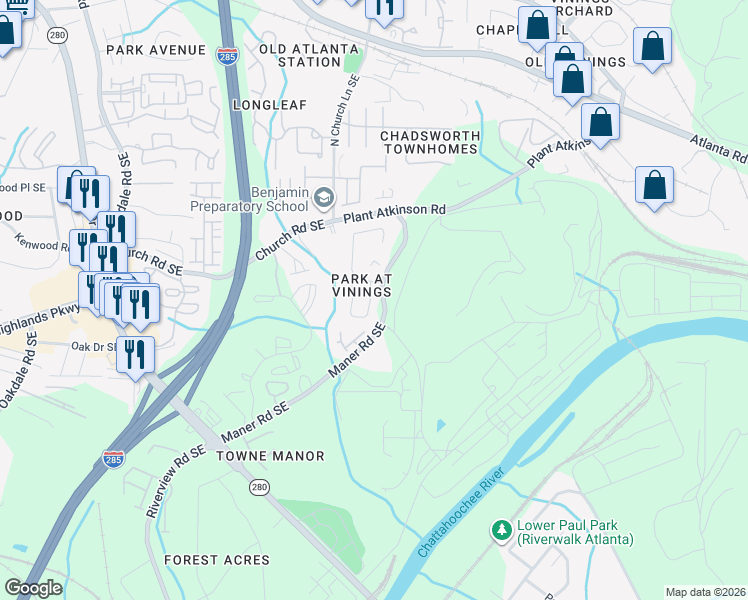 map of restaurants, bars, coffee shops, grocery stores, and more near 2596 Alvecot Circle Southeast in Atlanta