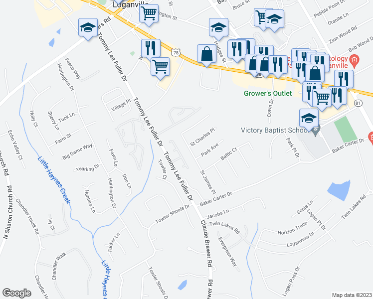 map of restaurants, bars, coffee shops, grocery stores, and more near 1225 Saint James Place in Loganville