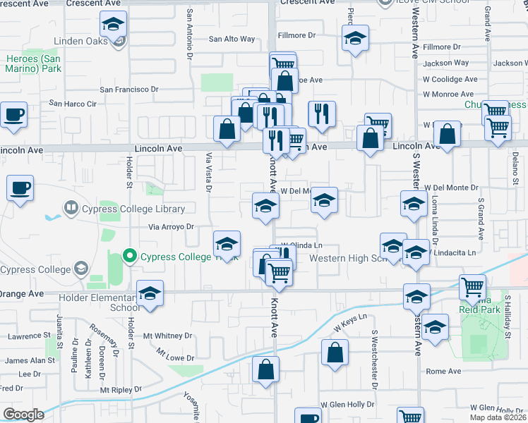 map of restaurants, bars, coffee shops, grocery stores, and more near 225 South Knott Avenue in Anaheim