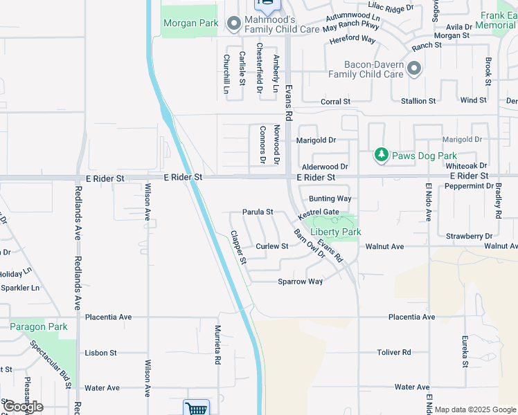 map of restaurants, bars, coffee shops, grocery stores, and more near 916 Parula Street in Perris