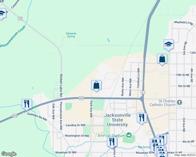map of restaurants, bars, coffee shops, grocery stores, and more near 351 Nisbet Street Northwest in Jacksonville