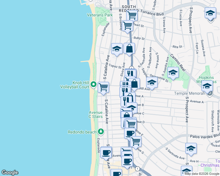 map of restaurants, bars, coffee shops, grocery stores, and more near 208 Knob Hill Avenue in Redondo Beach