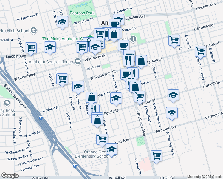 map of restaurants, bars, coffee shops, grocery stores, and more near 556 South Clementine Street in Anaheim