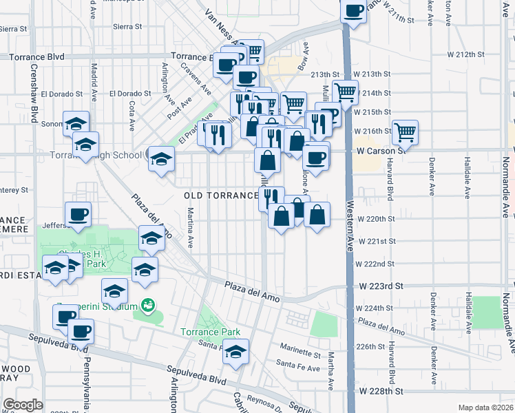 map of restaurants, bars, coffee shops, grocery stores, and more near 1903 Cabrillo Avenue in Torrance