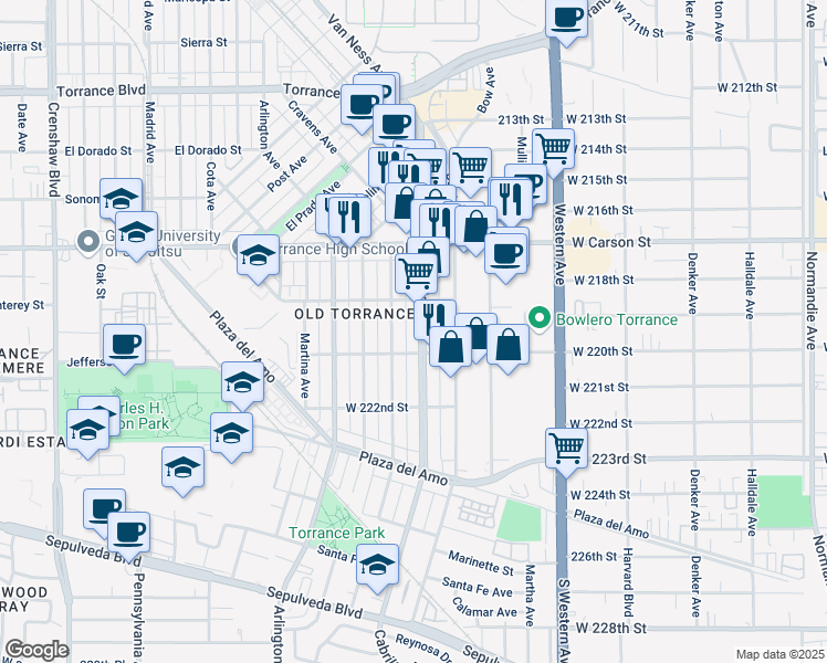 map of restaurants, bars, coffee shops, grocery stores, and more near 1903 Cabrillo Avenue in Torrance