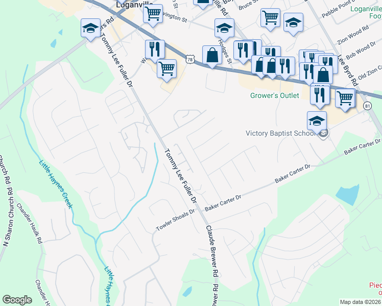map of restaurants, bars, coffee shops, grocery stores, and more near 1225 Saint James Place in Loganville