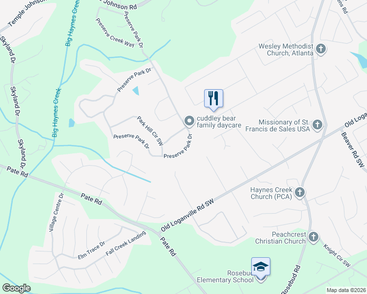 map of restaurants, bars, coffee shops, grocery stores, and more near 1172 Preserve Park Drive in Loganville